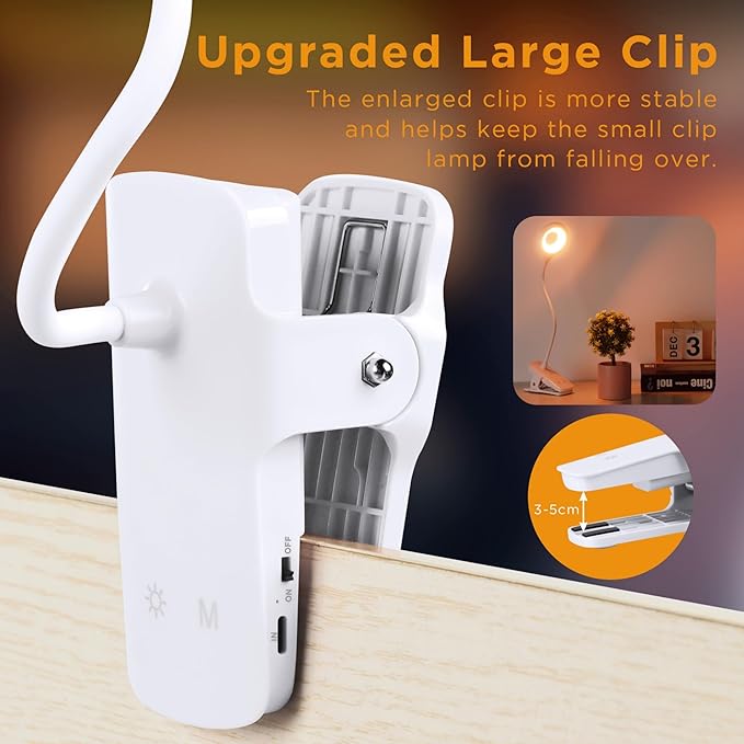 Desk Lamp LED Clip on Light, 5 Modes 5 Brightness Dimmable Clamp Lamp, Flexible Rechargeable Battery Clip on Reading Light for Bed Headboard Bunk Bed at Night for Kids (White)