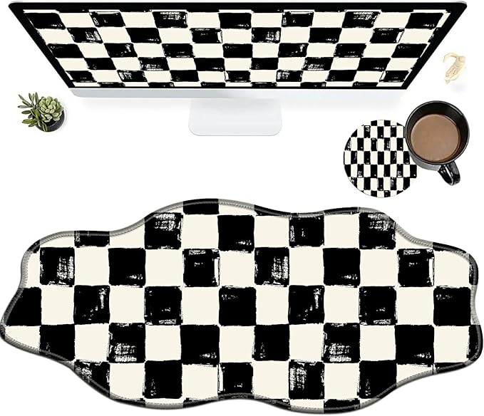 Black White Checkered Large Gaming Mouse Pad Plus a Coaster, 35.4 x 15.7 inches Desk Mat Extended XXL Mousepad with Stitched Edge Non-Slip Rubber, Desk Pad Computer Mouse Mat for Home Office