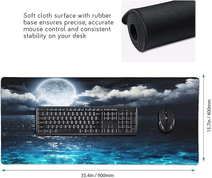 Gaming Mouse Pad,Large Mouse Pads for Desk,Non-Slip Rubber Base Extended Mousepad,XXL Keyboard Mouse Mat,Computer Keyboard Desk Pad with Stitched Edges,35.4x15.8inch,Full Moon On Sea Night