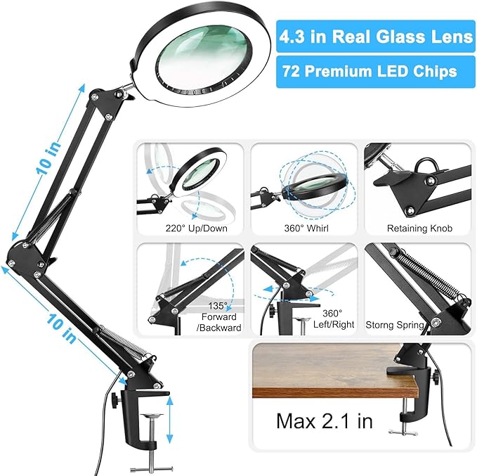 10X Magnifying Glass with Light and Clamp, Real Glass Stand Lighted Magnifier, 5 Color Modes Stepless Dimmable LED Desk Lamp Hands Free for Crafts Hobby Reading Painting Sewing Close Work