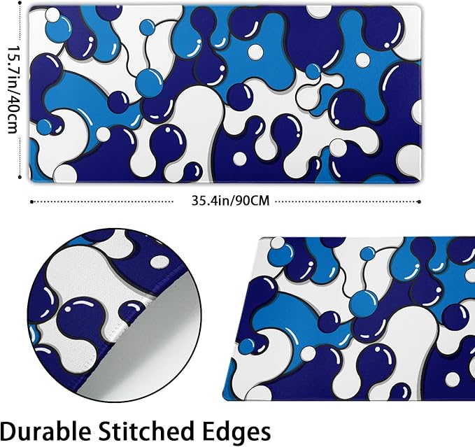 aportt Navy Blue White Mouse Pad Anime Cool Geometric Japanese Extended Desk Mat 90X40 CM Non-Slip Rubber Base Stitched Edge Large XXL Mousepad for Gaming Laptop Computer Desktop 35.4×15.7 Inch