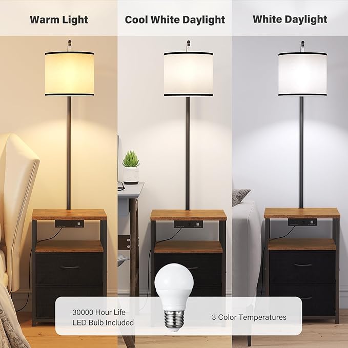 SUNMORY Floor Lamp with Table & 2 Drawers, Lamp with USB Port and Outlet, Nightstand with 3 Color Temperature Led Bulb Included, Floor Lamps for Living Room, Bedroom and Home Office, Rustic Brown