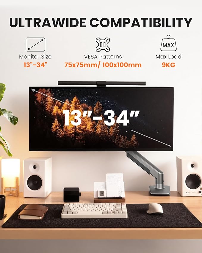 ErGear Single Monitor Arm, Fully Adjustable Monitor Mount for 13–34 Inch Screens, Fast Install Computer Monitor Stand with Tool-Free VESA Mount, Cable Management, Holds 19.8 lbs, Max VESA 100x100mm
