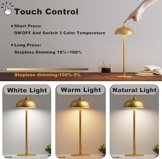 Rechargeable Cordless Table Lamp - 5000mAh Battery Operated Table Light, 3 Color Stepless Dimmable LED Table Lamp with Memory Function for Indoor, Outdoor, Dinner, Home, Restaurant.(Gold)