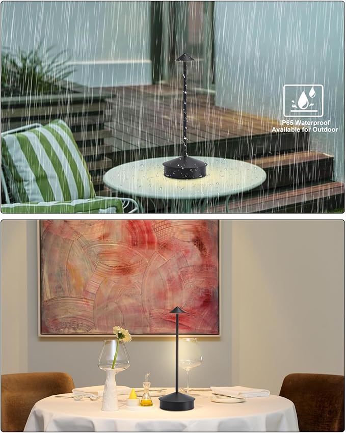 2 Pack Aluminum Cordless Table Lamp, 6000mAh Rechargeable Table Lamps, Portable Touch LED Lamp, Outdoor Waterproof Dimmable Cordless Rechargeable Table Lamps for Restaurant/Patio- Black (Black)