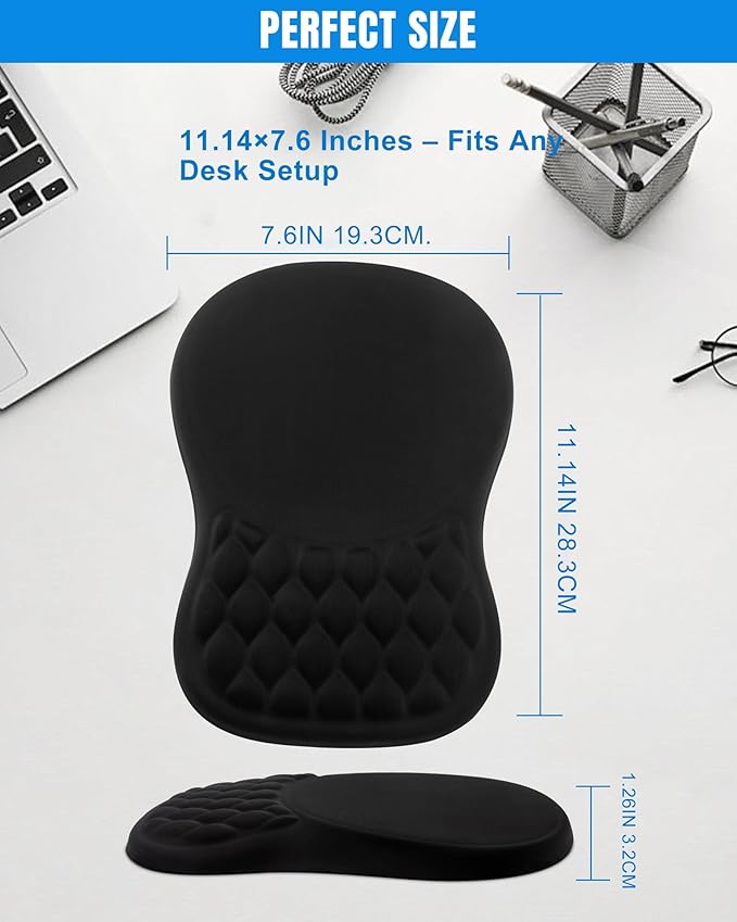 Ergonomic Mouse Pad with Wrist Rest, Slope Design Memory Foam Support, Smooth Lycra Surface, Non-Slip PU Base, Comfortable Mouse Mat for Office, Home, Computer Desk (Black)