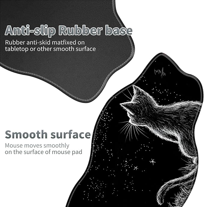 Black Cat Moon Large Gaming Mouse Pad Plus a Coaster, 35.4 x 15.7 inches Desk Mat Extended XXL Mousepad with Stitched Edge Non-Slip Rubber, Desk Pad Computer Mouse Mat for Home Office