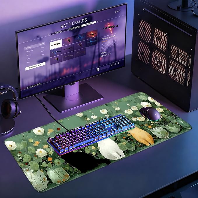 Desk Mat, XXL Extended Gaming Pad for Desktop, 31x12 Inches Floral Cats with Three Kittens, Large Non-Slip Vegan Leather Keyboard Mouse Mat for Home Office