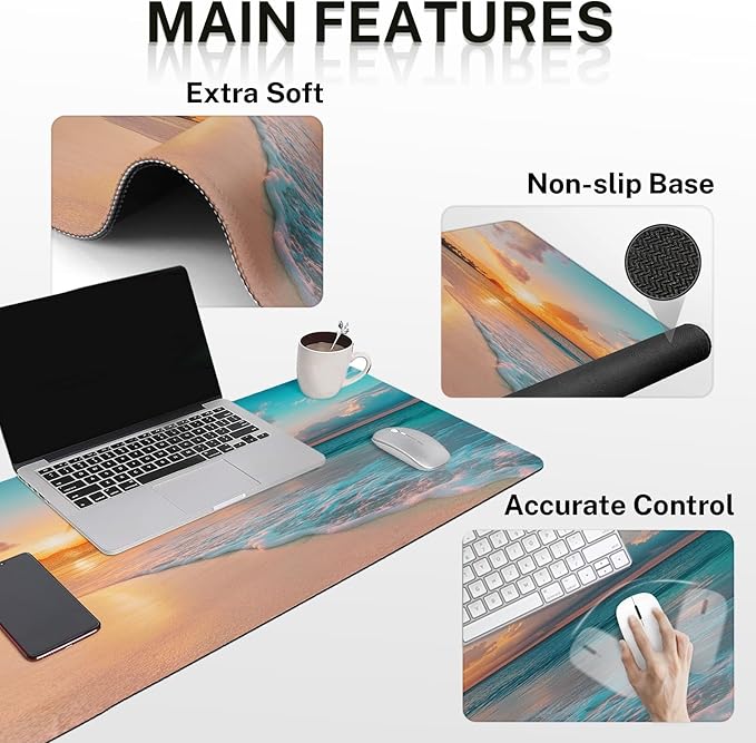 Arttown Summer Ocean Sun Desk Mat Sand Beach Mouse Pad Set 4 in 1 Cloud Sea Wave Ergonomic Design Large Desk Pad + Keyboard Wrist Rest + Mouse Wrist Rest + Coaster Suitable for Home Office Study Game
