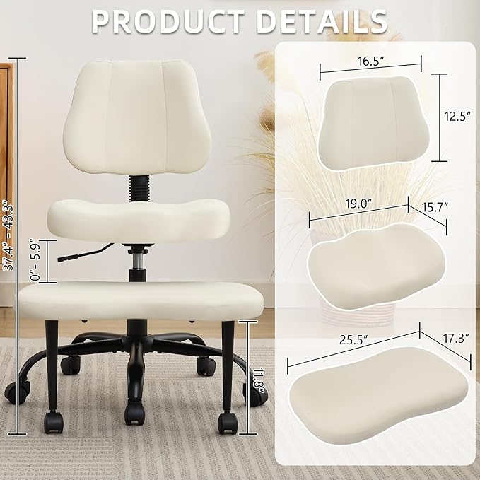 Ergonomic Criss Cross Legged Office Chair, ADHD Chair, Wide Height Adjustable Seat 360° Swivel Footstool with Wheels, PU Leather Meditation Kneeling Chair, for The Restless Home Workers, Beige