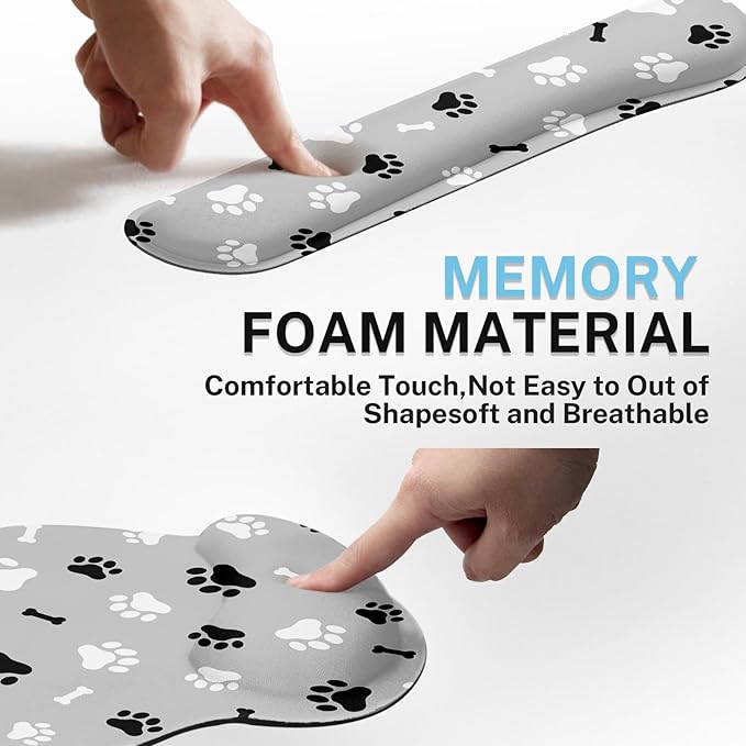 Britimes Ergonomic Mouse Pad Set with Wrist Rest Gray Paw Print Non-Slip Rubber Base Wrist Cushion Support and Coasters Mousepad with Wrist Support for Computer Keyboard and Desk