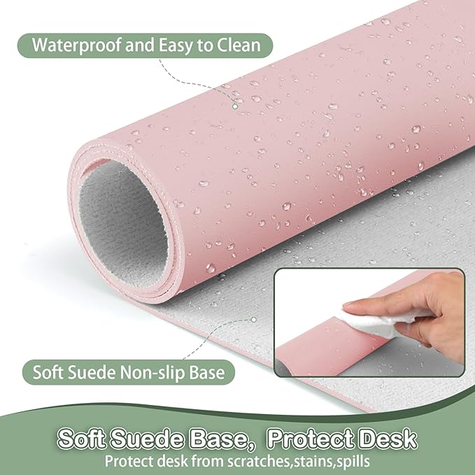 Boutilon Leather Desk Pad Protector,Non-Slip Mouse Pad,Laptop Desk Pad,Office Mouse Mat,Waterproof Leather Desk Blotter,Desk Writing Pad for Office and Home (M-Light Pink,30"x14")