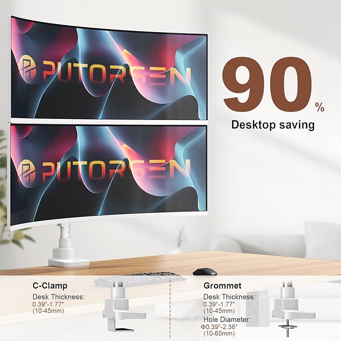 Dual Monitor-Arm Heavy-Duty for 17-49-inch Screens - Vertical Stacked Dual Monitor Mount Stand for Ultrawide Screens up to 44lbs, Aluminum,Full Motion, VESA 75/100 mm, White
