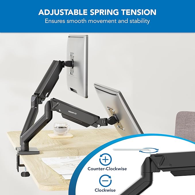 Mount-It! Full Motion Dual Monitor Mount with Spring Arms, 17" to 32", Full Motion Monitor Arm with Tilt, Rotation, Swivel, Height Adjustment, Clamp or Grommet, Fits VESA 75x75 and 100x100 - Black