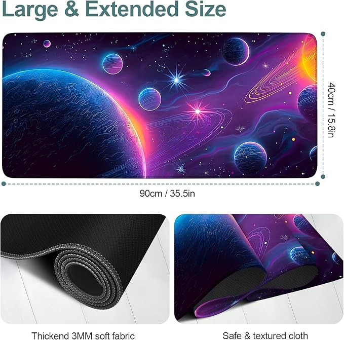 Interstellar Extended Gaming Mouse Pad 35.4x15.7Inch Large Desk Mat Anti-Slip Rubber Base & Durable Stitched Edges for Gamers Smooth Mouse Writing Surface for Desk Office/Home