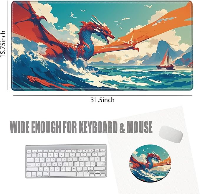 Gaming Mouse Pad Large Mousepad Dragon Desk Mat XXL Big Desk Pad Rubber Base Computer Pad with Stitched Edges Mouse Mat for Work Game Home Office