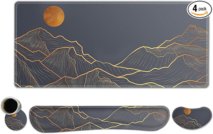 ToLuLu Extended Gaming Mouse Pad, Memory Foam Ergonomic Keyboard Mouse Wrist Rest Support Set, Large Desk Mat with Stitched Edges, Non-Slip Base Mousepad for Home Office and Game, Golden Mountain