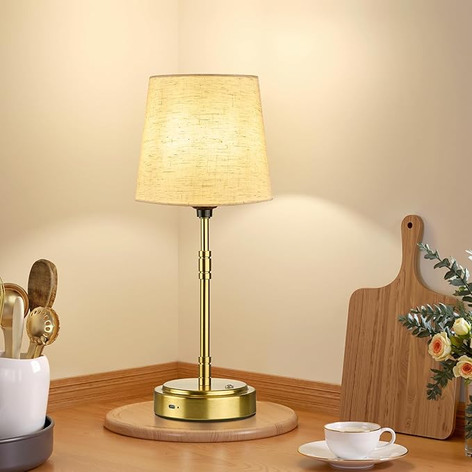 Cordless Table Lamps Set of 2 – Battery Operated Lamp with 7500mAh Rechargeable Battery, Stepless Dimmable Brushed Gold Lamps with Beige Shade, Wireless Lamps for Dining Room(Bulbs Included)