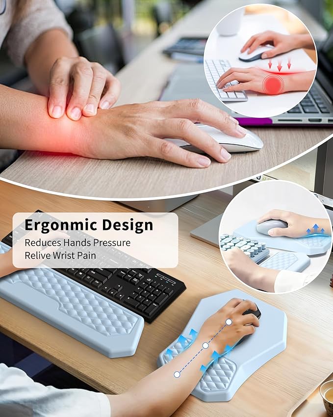 Ergonomic Mouse Pad Wrist Rest Support, Massage Design Surface for Carpal Tunnel, Memory Foam, Non-Slip PU Base for Computer Desk, Sky Blue