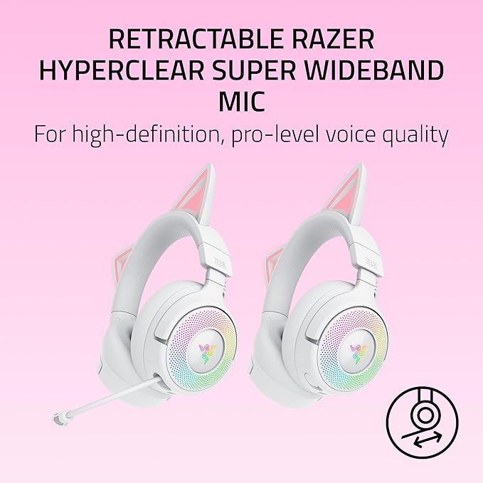 Razer Kraken Kitty V3 Pro Wireless RGB Gaming Headset: Chroma RGB Kitty Ears - 2.4 GHz, Bluetooth 5.3, USB A - Super Wideband Mic - 40mm Drivers - THX Spatial Audio - Comfortable Ear Cushions - White