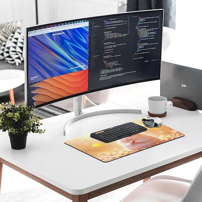 Large Ergonomic Gaming Mouse Pad Happy Hamster with Sunflower Seed - Cute Animal Theme with Non-Slip Base Water-Resistant Surface and Stitched Edges 30x60cm