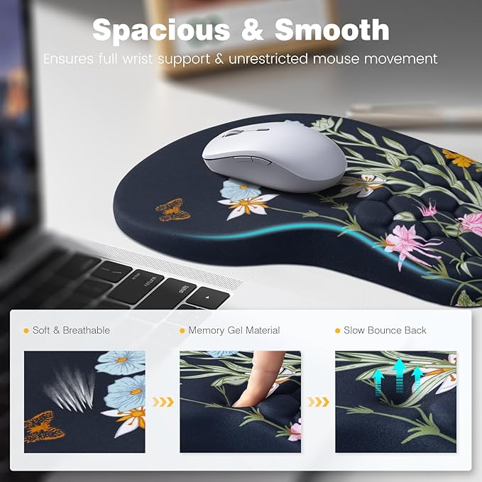 Ospelelf Ergonomic Mouse Pad and Keyboard Stand Wrist Rest Set, Memory Foam Comfort, Wrist Support for Typing, Office Desk Accessories, Moonlit Blossoms