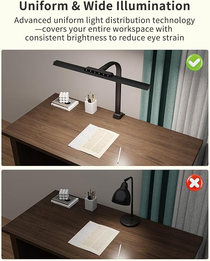 LED Desk Lamps for Home Office, 24W Bright Eye-Caring Light with Clamp, Stepless Dimming Adjustable Flexible Gooseneck Clip on Desk Office Lamp with Adapter for Reading, Study, Workbench,Black