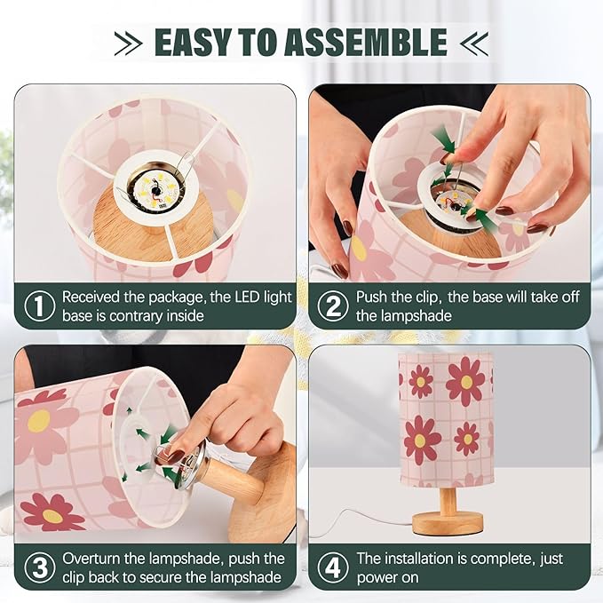 Pink Floral LED Table Lamp, Bedside Lamp with Linen Lampshade, Flicker-Free Eye Care USB Plug in Nightstand Lamp, for Bedroom and Office