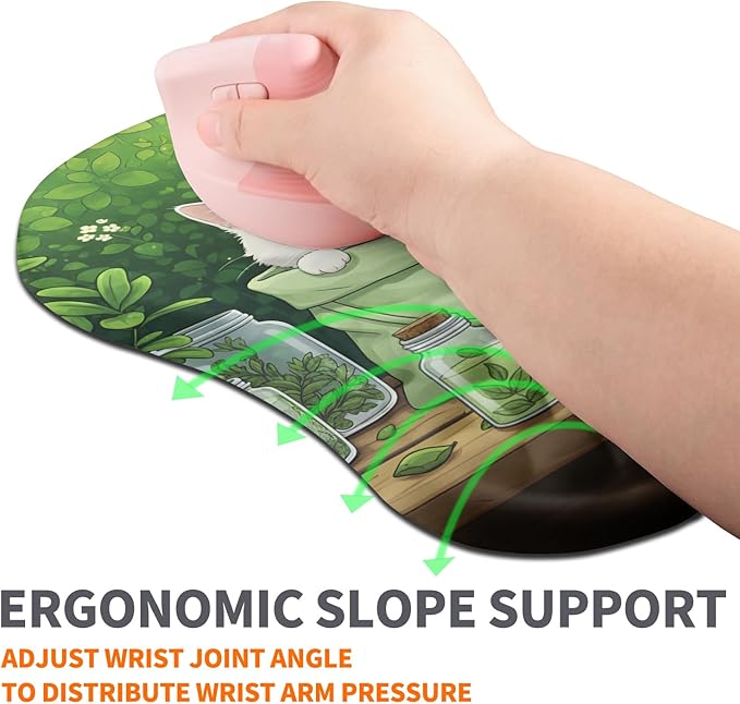 Ergonomic Joint Wrist Support Mouse Pad with Memory Foam Cushion Massage Bump, Carpal Tunnel Mousepad Slope Design for Wrist Rest, 11.8x7.9 in, Cute Kitten