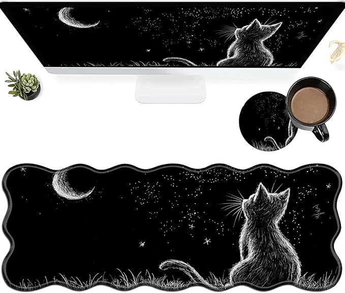 Black Cat Moon Large Gaming Mouse Pad Plus a Coaster, 31.5 x 11.8 inches Desk Mat Extended XL Mousepad with Stitched Edge Non-Slip Rubber, Desk Pad Computer Mouse Mat for Home Office