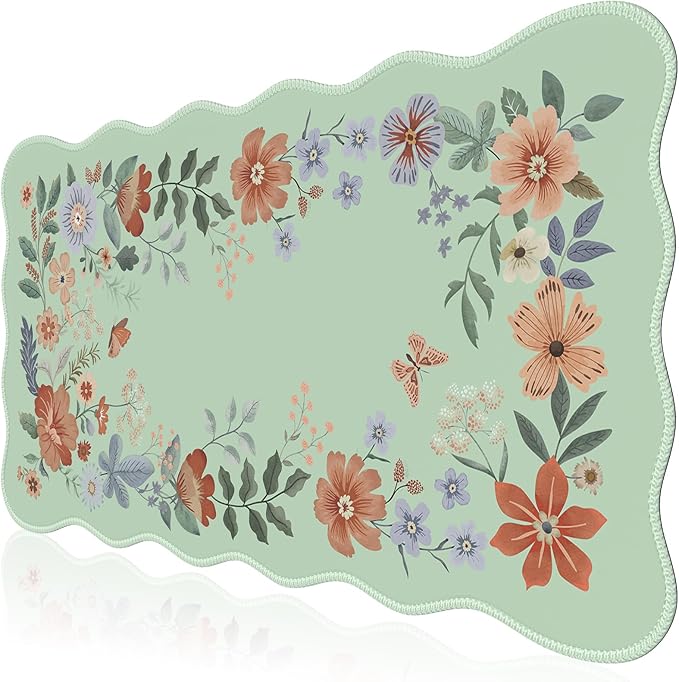 iCasso Large Mouse Pad, Scalloped Desk Matt for Desktop, Anti-Slip Big Mousepad with Stitched Edges, Floral Desk Mat for Keyboard and Mouse for Computer(Light Green)