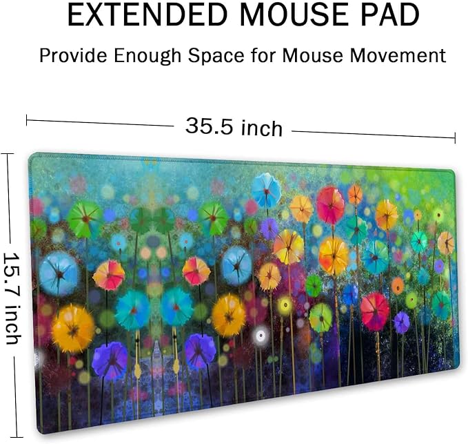 SSOIU Desk Mat, Extended Gaming Mouse Pad 35.5x15.7 in, Large Non-Slip Rubber Base Mousepad with Stitched Edges, Waterproof Keyboard Mouse Mat Desk Pad for Work, Game, Office, Home - Watercolor Floral