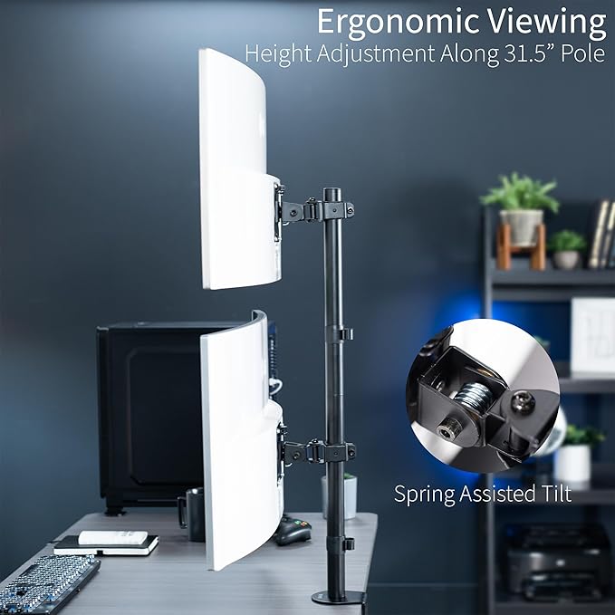 VIVO Dual Vertically Stacked Ultra-Wide Monitor Desk Mount, Extra Tall Heavy Duty Adjustable Stand for 2 Ultrawide Screens up to 45 inches, 25 lbs Per Screen Capacity, Black, STAND-V200R