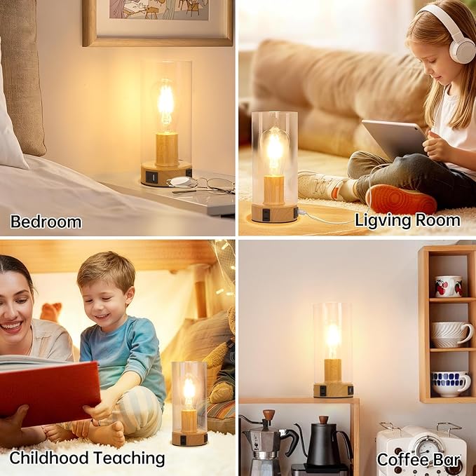 Bedside Table lamp for Bedroom -Touch Lamp with USB-A+C Charging Ports & AC Outlet. Nightstand Lamp with Wood Base Glass. Stepless Dimming Small Lamp for Bedroom, Dorm, Office, Kids Room, Living Room