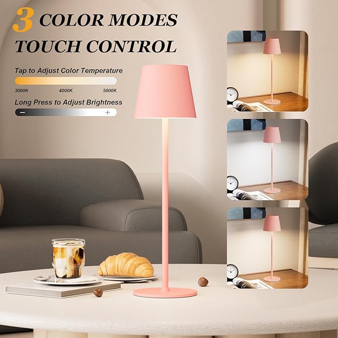 Cordless Table Lamp Rechargeable Pink - KK 2 Pack 5000mAH Battery Operated Lamp for Counter, 3 Color Stepless Dimming Waterproof LED Wireless Lamp for Dining Kitchen, Outdoor Patio, Touch Control