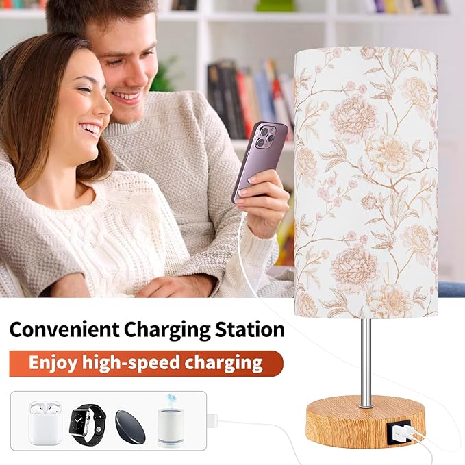 Bedside Touch Lamp, Wood Small Table lamp with 2 USB Charging Ports & Flower Fabric Shade, 3-Way Dimmable Nightstand Lamps for Living Room Bedroom Office Reading Desk Home Dorm Pink