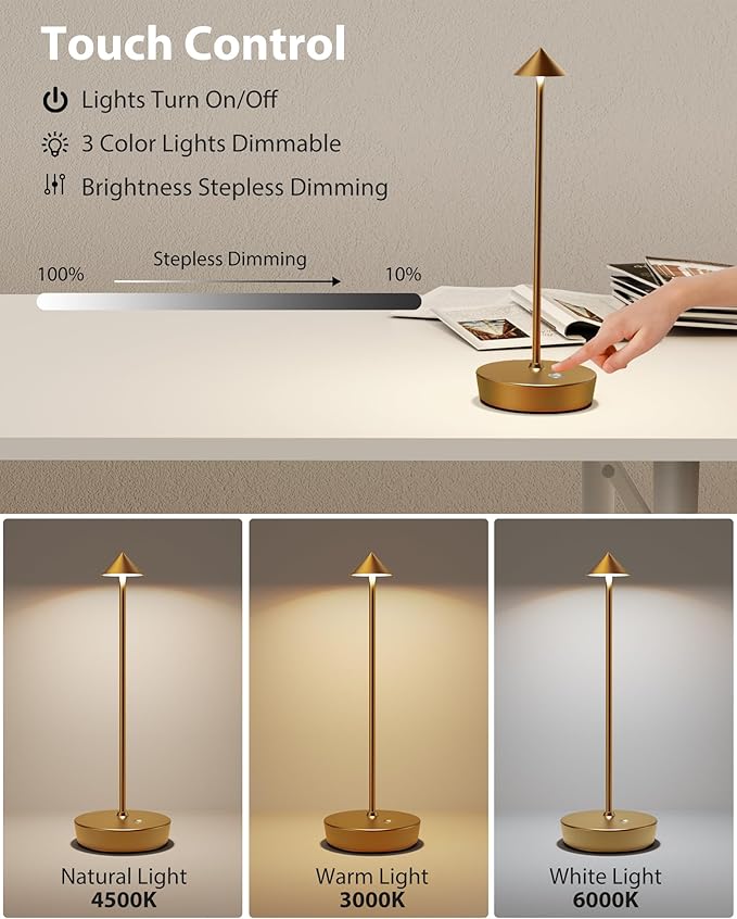 Cordless Table Lamps Rechargeable, 6000mAh Battery Operated LED Desk Lamp Outdoor Waterproof Portable Touch Dimmable Table Night Light for Patio Restaurant Dining Home Bronze