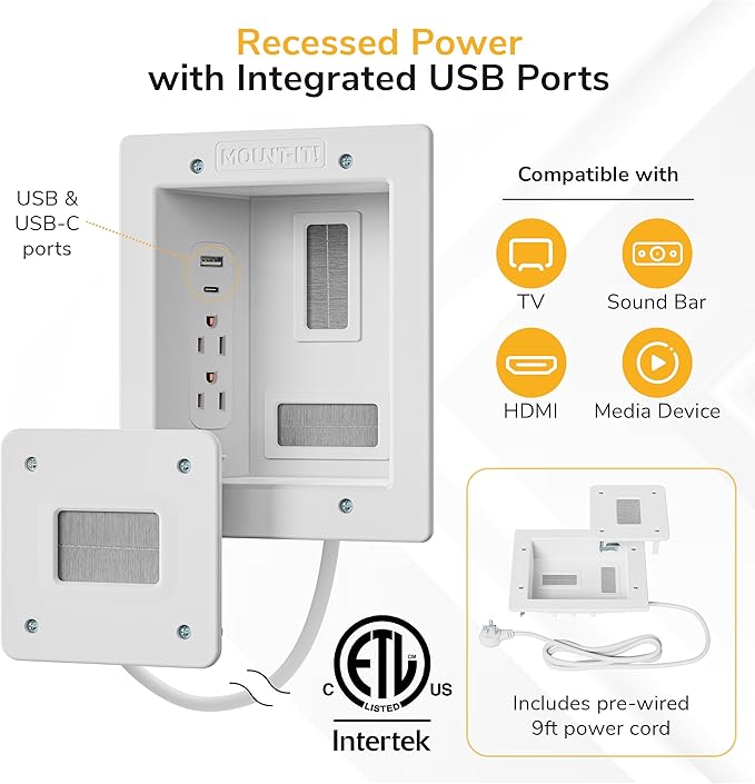 Mount-It! in-Wall TV Cable Management Kit with Recessed Power – Dual Outlet, USB-A and USB-C Ports, 9ft Cord, and Hand Saw – Easy, Safe Cable Management for Organized TV and Home Theater Setups