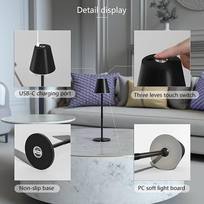 2-Pack Cordless Table Lamps - 5000mAh Rechargeable Battery Operated Desk Lamp, 3-Level Dimmable LED Night Light for Bedroom, Dining, Restaurant - Metal Design (Black 2-Pack)