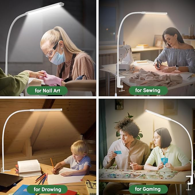 Clamp Lamp for Desk, Eye-Caring LED Clip Light, 27"Tall Flexible Arm, 3 Color Modes 10 Brightness, USB-Powered Task Lamp for Home Office Reading, Nail Desk, Sewing, with 5V/2A adapter (White)