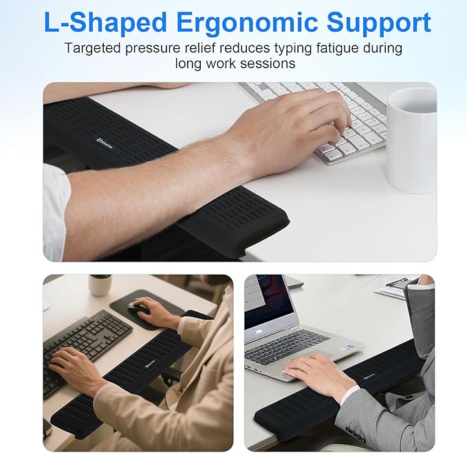 UnivoColors PostureUp L-Shaped Desk Long Wrist Rest Elbow, Non-Slip, Memory Foam, Desk Edge Support, Ergonomic Design for Long-Hour Work (23.6 * 3.9 inch One-Piece Design,Pink)
