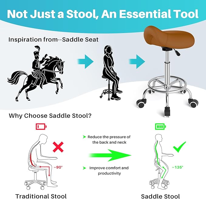 YEEZEE Saddle Stool Ergonomic- Comfortable Rolling Saddle Stool with Wide Thick Saddle Seat Padding, Swivel Adjustable Saddle Chair with Wheels and Ring Pedal for Medical Massage Salon (Brown)