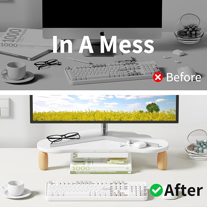 Monitor Stand Riser,Cloud-Shaped Sturdy Wood 16.5In Computer Monitor Riser Wirh Drawer, Multi-Purpose Desktop Organizer Riser for Computer,Laptop,Printer,TV,White