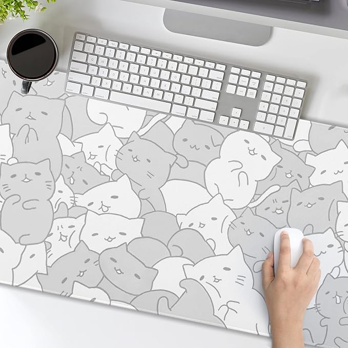 aportt Kawaii Cats White Gaming Mouse Pad XXL Cute Kittens Japanese Extended Big Large Desk Mat Non-Slip Rubber Base Stitched Edge Long Keyboard Mousepad for PC Computer Laptop, 35.4×15.7 Inches