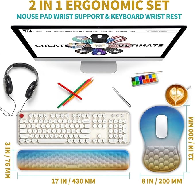 Hokafenle 2 in 1 Ergonomic Mouse Pad Wrist Support & Wrist Rest for Computer Keyboard Set, with Memory Gel Massage Bulge Design (2In1 Set, Morning Sky)