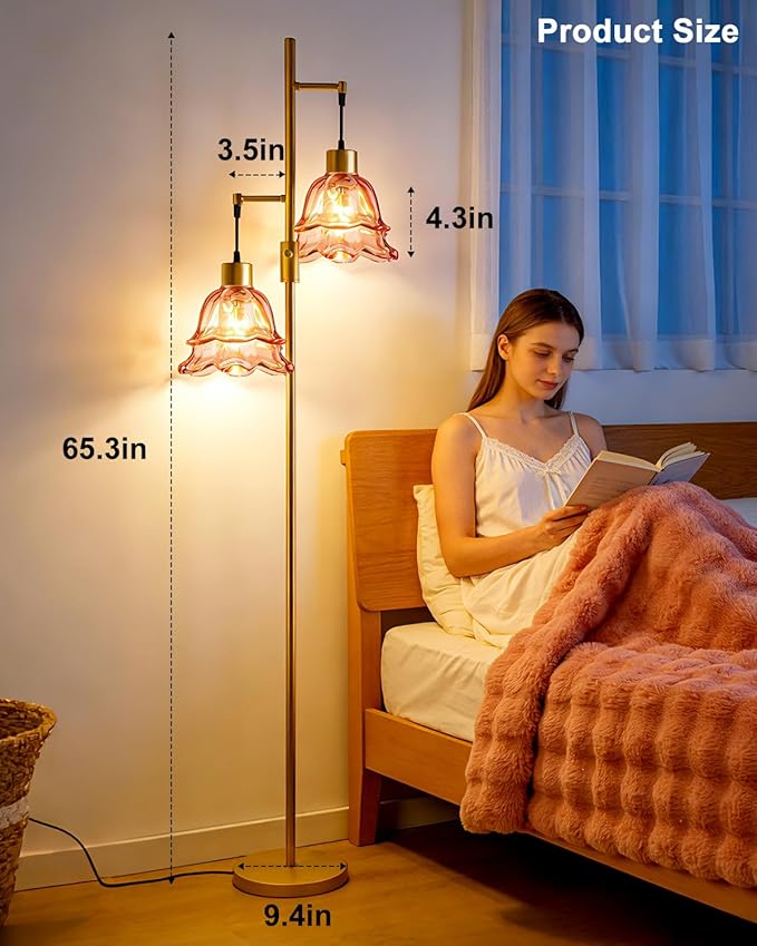 2-Light Gold Dimmable Floor Lamp for Living Room, 65IN Tall Standing Lamps with Deep Red Glass Lampshade, 3000K Warmwhite Mid Century Modern Floor Lamp for Bedroom/Sofa Beside/Corner Decor