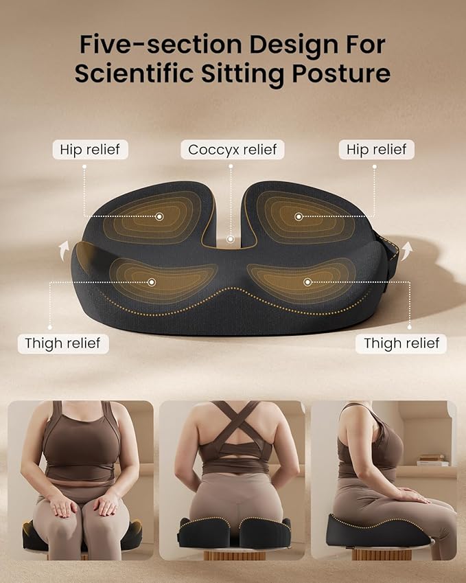 ProtoArc Extra Large Seat Cushion for Coccyx Ergonomic Support, Seat Cushions for Office Chairs, Extra Cover, Ergonomic Memory Foam Desk Chair Cushion for Lumbar Support, Car Seat Cushion - Black