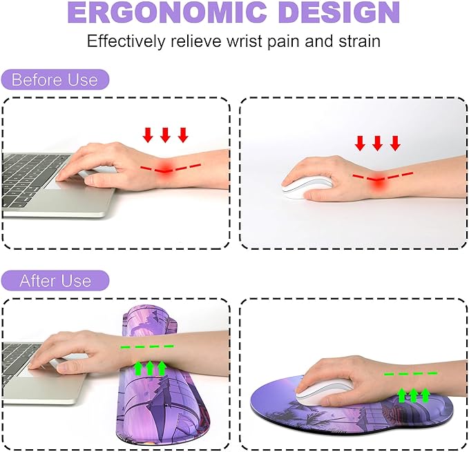 Ergonomic Mouse Pad with Wrist Rest and Keyboard Wrist Rest, Mousepad and Keyboard Pad, Non-Slip Rubber Base, Mouse Pad Wrist Support for Gaming, Computer, Office, Home, Purple Beach