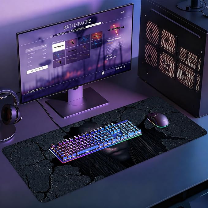 Desk Mat, XXL Extended Gaming Pad for Desktop, 35x16 Inches Horror Theme Figure Breaking Through Wall, Large Non-Slip Vegan Leather Surface with Stitched Edges, Keyboard Mouse Mat for Home Office