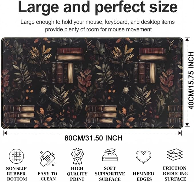 Vintage Plant Desk Mat Gaming Large Mouse Pad, Vintage Books Gothic Desk Pad Bookcase Mouse Mat XXL Laptop Keyboard Pad, Laptop Keyboard Mousepad Aesthetic Accessories for Women 31.5" X 15.7"